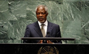 Joint Special Envoy for Syria, Kofi Annan addresses the 66th session of the General Assembly on the situation in the Syrian Arab Republic at the United Nations June 7, 2012 in New York. AFP PHOTO TIMOTHY A. CLARY