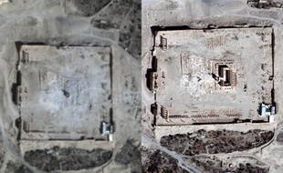 A gauche, Palmyre détruit par Daesh ; à droite, le même site quatre jours avant.