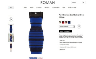 La robe bleue et noire est en vente sur le site britannique de Roman Originals et sur Amazon.