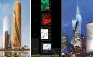 De gauche à droite, les projets pour la tour Signal de la Défense de Norman Foster, Jean Nouvel et David Libeskind.