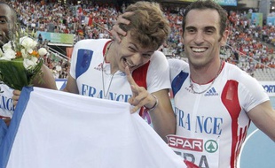 Christophe lemaître et Christophe Pessonneaux, deux des quatre vainqueurs du 4x100 metres de Barcelone, en août 2010.
