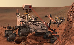 Vue d'artiste: Curiosity fore le sol martien.