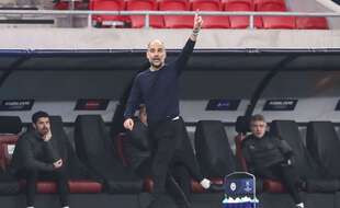 Pep Guardiola lors du 8e de finale aller de la Ligue des champions entre Mönchengladbach et Manchester City, le 24 février 2021 à Budapest.