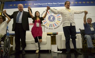Le secrétaire général de l'OEA José Miguel Insulza (deuxième à gauche), la Colombienne Angela Ruales et le vice-président colombien Angelino Garzon à Medellin le 4 avril 2014
