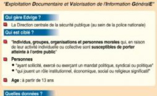 Au contraire de l'ancien fichier des Renseignements généraux (RG) qu'il remplace, Edvige permet de recenser les mineurs dès leur âge de responsabilité pénale (13 ans) et centralise des données informatiques, là où les anciennes fiches RG étaient collectées au niveau départemental et sur papier.