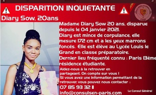 Diary Sow, 20 ans, est portée disparue à Paris depuis le 4 janvier.