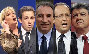 Montage des principaux candidats à l'élection présidentielle (de gauche à droite: Marine Le Pen (FN), Nicolas Sarkozy (UMP), François Bayrou (MoDem), François Hollande (PS) et Jean-Luc Mélenchon (Front de gauche))
