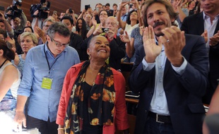 Christiane Taubira lors de sa visite surprise à la réunion des parlementaires «frondeurs» en marge de l'université d'été du PS à la Rochelle le 30 août 2014.