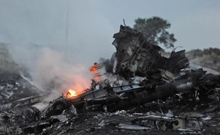 La carcasse encore fumante de l'avion malaisien qui s'est écrasé le 17 juillet 2014 près de Shaktarsk en Ukraine
