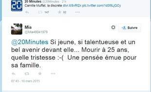 Réaction d'une internaute au décès de Camille Muffat