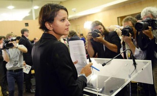 La ministre de l'Education Najat Vallaud-Belkacem lors de la conférence de presse de rentrée scolaire le 1er septembre 2014 à Paris