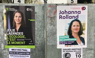 Affiches électorales de Julie Laernoes et de Johanna Rolland, avant le premier tour des élections municipales 2020.