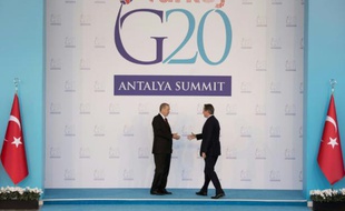 Le Premier ministre britannique David Cameron (d) et le président turc Recep Tayyip Erdogan, le 15 novembre 2015 à Antalya