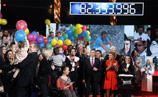 Le montant final de promesses de dons affichés au compteur, à Paris, le 6 décembre 2014.