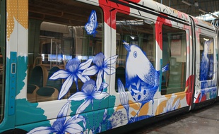 L'habillage de la rame de tram par l'artiste Missy pour l’inauguration de l'extension de la ligne E à la Robertsau samedi.