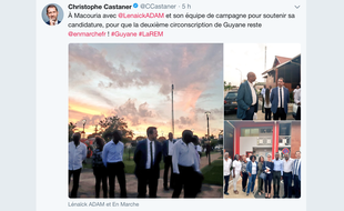 Sur son compte Twitter, Christophe Castaner affiche son soutien pour Lénaïck Adam et fait campagne à ses côtés pour la législative partielle en Guyane.