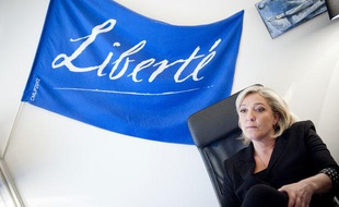 Le 28 mars 2012. Marine Le Pen, candidate du Front National a la presidentielle, en itw pour 20 Minutes dans son qg de campagne situe au 64 bd Malesherbes a Paris.