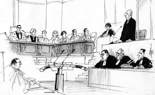 Croquis d'audience du procès de Maurice Papon, jugé pour crimes contre l'humanité, le 01 avril à la Cour d'Assises de Gironde