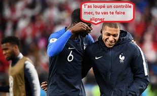 Paul Pogba et Kylian Mbappé en grande conversation après la victoire de la France contre le Pérou en Coupe du monde, le 21 juin 2018.
