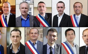 Photo montage du 24 avril 2014 des maires FN élus aux dernières élections municipales: De haut en bas et de gauche à droite: Steeve Briois (Henin-Beaumont), Franck Billaut (Villers-Cotterets), Stephane Ravier (7e secteur à Marseille), Cyril Nauth (Mantes-la-Ville), Robert Ménard ((Béziers), Fabien Engelmann (Hayange), Joris Hebrard (Le Pontet), David Rachline (Frejus), Julien Sanchez (Beaucaire), Marc-Etienne Lansade (Cogolin), Philippe de la Grange (Le Luc)