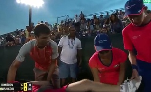 Grigor Dimitrov vient en aide à une ramasseuse de balles le 23 mars 2014.