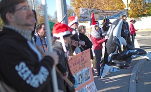 Des manifestants réunis à l'entrée de Marineland, le 18 décembre 2016