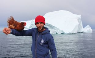 Guirec et sa poule Monique posent devant les premiers icebergs.