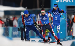 Martin Fourcade a mené la France à la médaille d'or en relais mixte, le 20 février 2018.