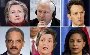 Dans l'ordre: Hillary Clinton, Robert Gates, Timothy Geithner, Eric Holder, Janet Napolitano et Susan Rice.