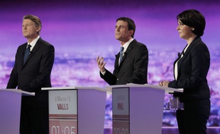 Vincent Peillon, Manuel Valls et Sylvia Pinel lors du premier débat de la primaire de la gauche, le 12 janvier