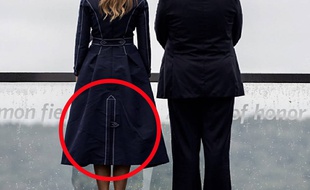 Les coutures à l'arrière du manteau de Melania Trump, ainsi qu'un bouton, évoquent pour certains la forme d'une tour percutée par un avion.