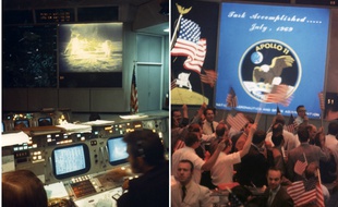 A gauche, photo prise le 20 juillet 1969 de la salle de contrôle de la mission Apollo 11, au centre spatial de Houston. Sur l'écran, les astronautes Neil A. Armstrong et Edwin E. Aldrin sur la surface lunaire. A droite, le 24 juillet 1969, des employés de la base célèbrent le succès de la mission.
