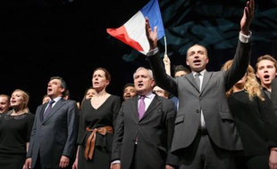Jean-François Copé avec François Fillon et Jean-Pierre Raffarin en soutien de Fabienne Keller