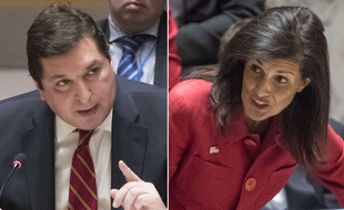Photomontage des ambassadeurs russe et américain à l'ONU, Vladimir Safronkov, et Nikki Haley, le 7 avril 2017, lors d'une réunion du Conseil de sécurité après les frappes américaines en Syrie.