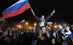 Célébration dans la ville ukrainienne de Sébastopol le 16 mars 2014 du référendum sur le rattachement à la Russie de la péninsule ukrainienne de Crimée