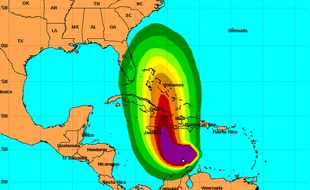 Les probabilité de vitesse de la tempête Matthiew le 1er octobre cartographiées par le centre américain de surveillance des ouragans (NHC).