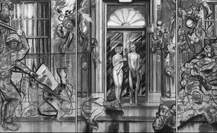Le triptyque de Michael Sandle représente Tony et Cherie Blair nus devant le 10 Downing Street