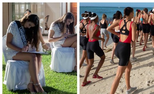 A gauche, les miss samedi soir lors de leur test de culture générale, et à droite, dimanche après-midi lors de leur épreuve de sport.