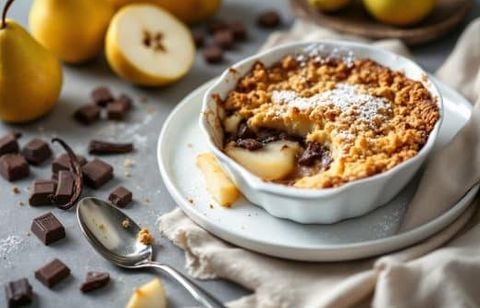 La gourmandise ultime du chef Cyril Lignac : un crumble poire chocolat prêt en un temps record !