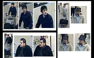 Photos de trois suspects des attentats qui ont touché Bruxelles, le 22 mars 2016. Les deux de gauche sont sans doute mort mais celui de droite est recherché.