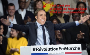 Photomontage entre Emmanuel Macron lors de son meeting à Paris le 10 décembre 2016 et Nicolas Cage à Deauville le 2 septembre 2013