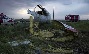 Des débris de l'avion détruit par un tir de missile, à Hrabove, en Ukraine, le 17 juillet 2014.