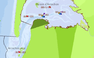 La carte du bassin d'Arcachon où la pêche et la consommation de coquillages est interdite.