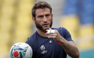 Maxime Médard lors d'un entraînement à Fukuoka, pendant la Coupe du monde au Japon, le 1er octobre 2019, veille de France - Etats-Unis.
