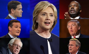 Les candidats à la présidentielle américaine: Marco Rubio, Ted Cruz et Bernie Sanders (gauche), Hillary Clinton (centre) et Ben Carson, Donald Trump et Jeb Bush (droite)