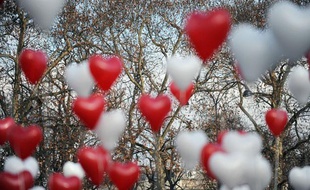 Des ballons en forme de coeur sont lâchés sur les Champs Elysees à Paris,le 14 février 2010.