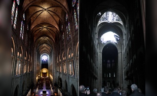 Image avant/après l'incendie de la voûte de Notre-Dame (la photo de gauche est prise du fond de la cathédrale, et celle de droite, du devant).