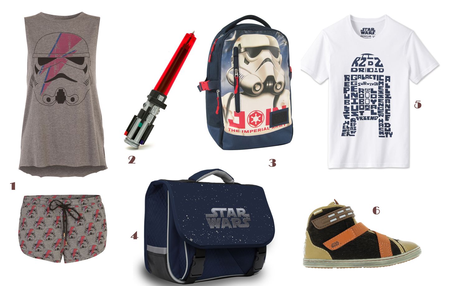 1. Boxer et débardeur, Undiz x Star Wars, 12,95 € la pièce, www.undiz.com. 2. Stylo sabre laser, Disney Store, 7 €, www.disneystore.fr. 3. Sac à dos multipoches Star Wars Rebels, Carrefour, 15,90 €, www.carrefour.fr. 4. Cartable avec fermeture rabat et clips Star Wars, Lannoo Graphics, 36,99 €, http://lannoographics.com. 5. Tee-shirt D2R2, 16,99 €, Jules, www.jules.com. 6. Sneakers (du 28 au 35) Chewbacca, collection Star Wars, Kickers, 99 €, www.kickers.com.