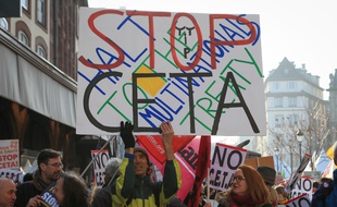 Strasbourg le 15 février 2017. Manifestation contre le Ceta devant le Parlement Européen à Strasbourg. Ceta est finalement adopté par les Eurodéputés.