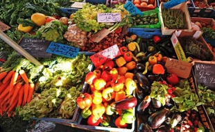 Un étal de fruits et légumes.